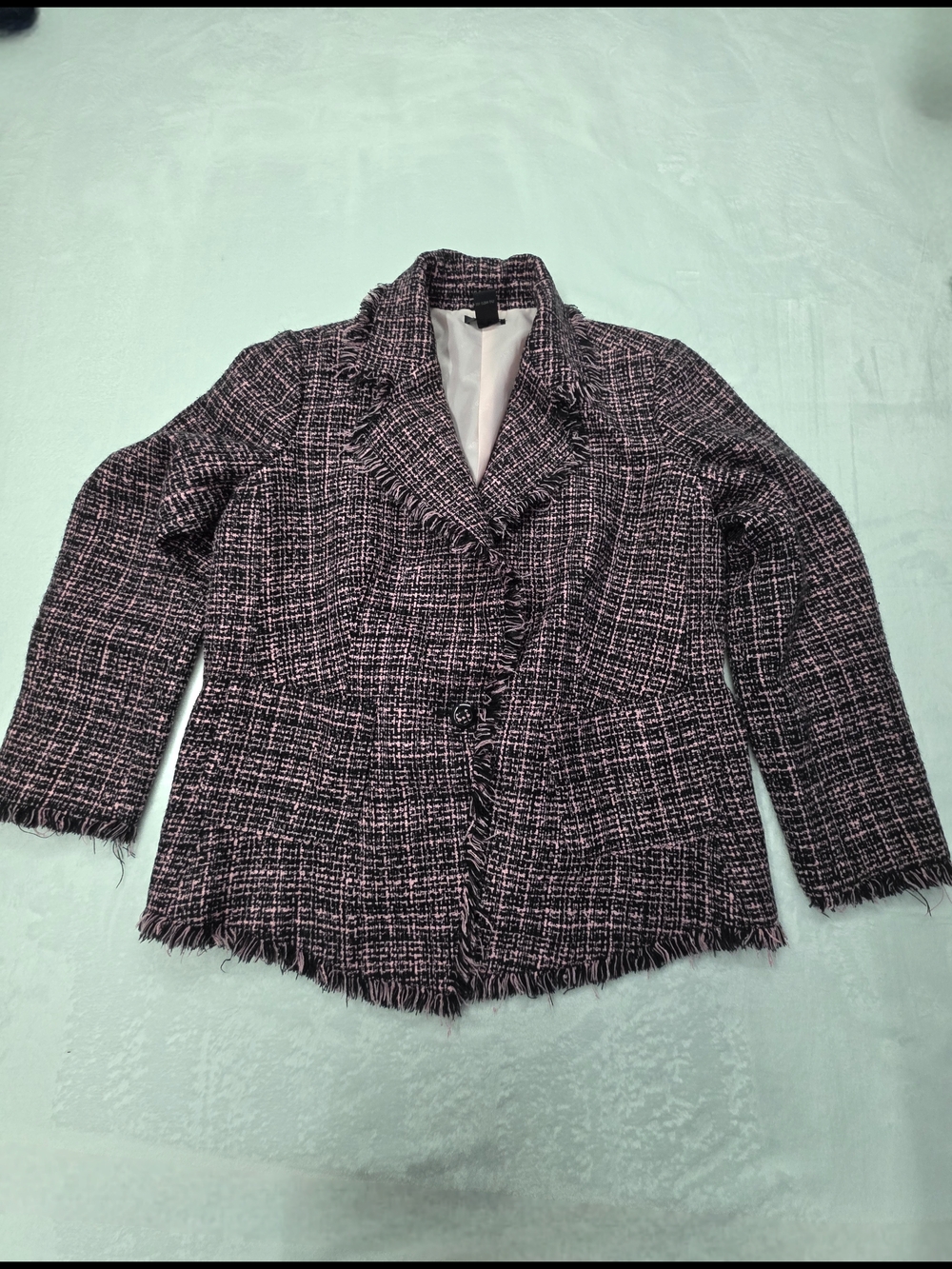 Textured Pink & Black Tweed Fringed Blazer Jacket